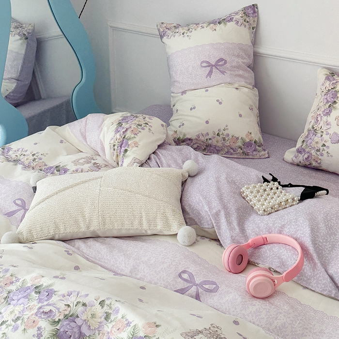 91家纺网 家纺一手货源 找家纺 2024新款13070跑量款全棉四件套--小清新系列 梦境樱桃兔 紫