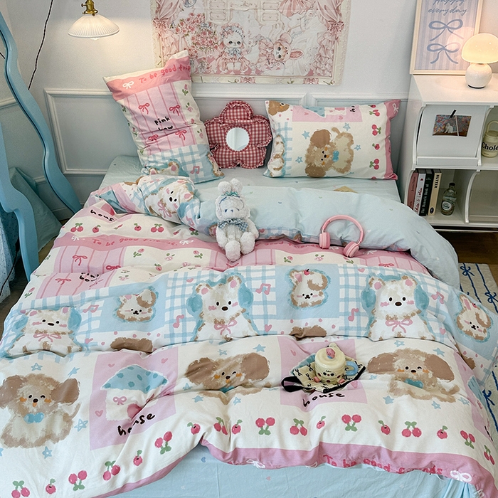 91家纺网 家纺一手货源 找家纺 2024新款13070跑量款全棉四件套--卡通系列 涂鸦油画狗