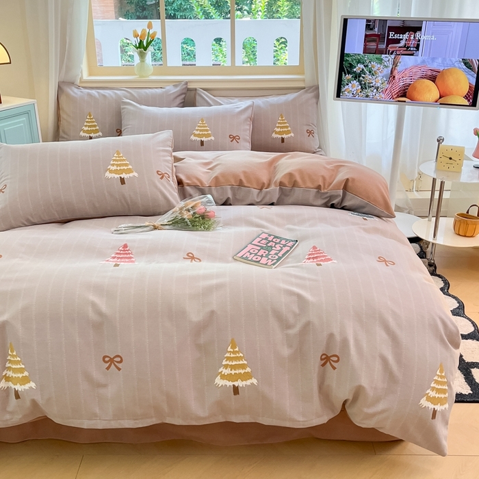 91家纺网 家纺一手货源 找家纺 莱米家纺 2024新款全棉加厚磨毛印花四件套 圣诞树