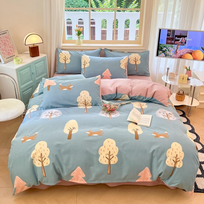 91家纺网 家纺一手货源 找家纺 莱米家纺 2024新款全棉加厚磨毛印花四件套 动物森林