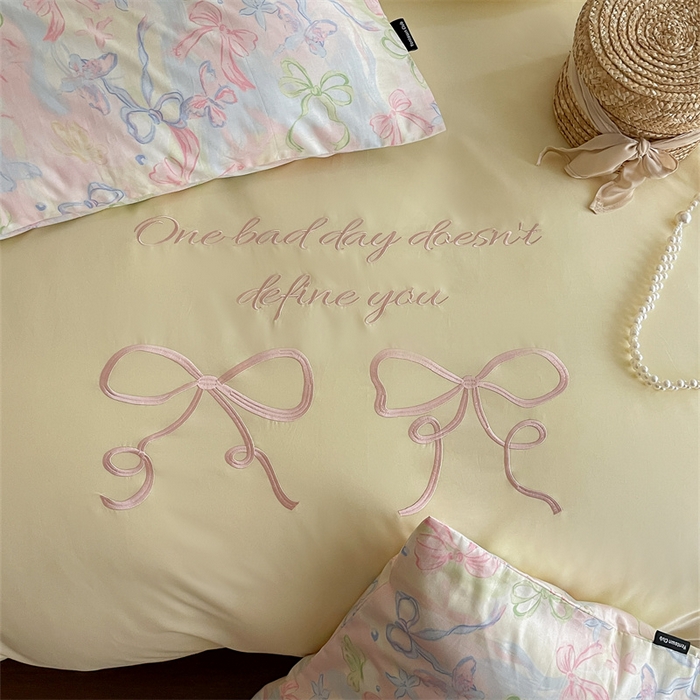 91家纺网 家纺一手货源 找家纺 圆岛家纺 2024新款全棉印花蝴蝶结刺绣四件套 蝴蝶结黄