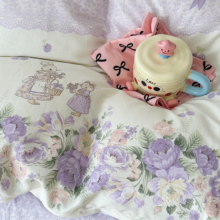 91家纺网 家纺一手货源 找家纺 2024新款13070跑量款全棉四件套--小清新系列 梦境樱桃兔 紫