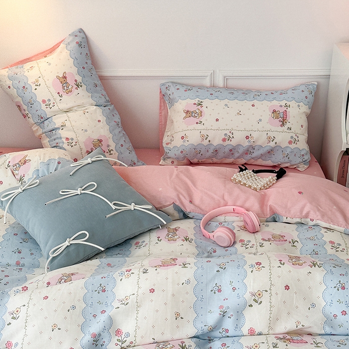 91家纺网 家纺一手货源 找家纺 2024新款13070跑量款全棉四件套--小清新系列 春日花花兔