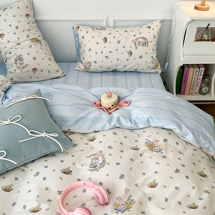 91家纺网 家纺一手货源 找家纺 2024新款13070跑量款全棉四件套--小清新系列 铃兰兔兔