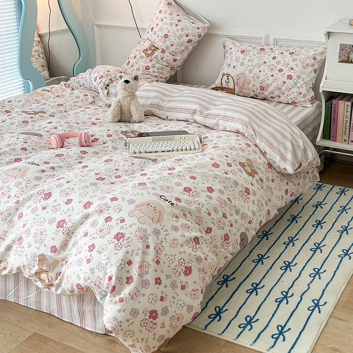 91家纺网 家纺一手货源 找家纺 2024新款13070跑量款全棉四件套--小清新系列 花花熊兔