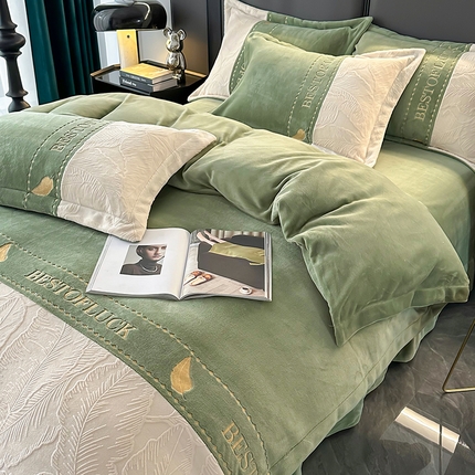 莱凯家纺 2025新款牛奶绒雕花刺绣四件套-叶屿 叶屿-绿