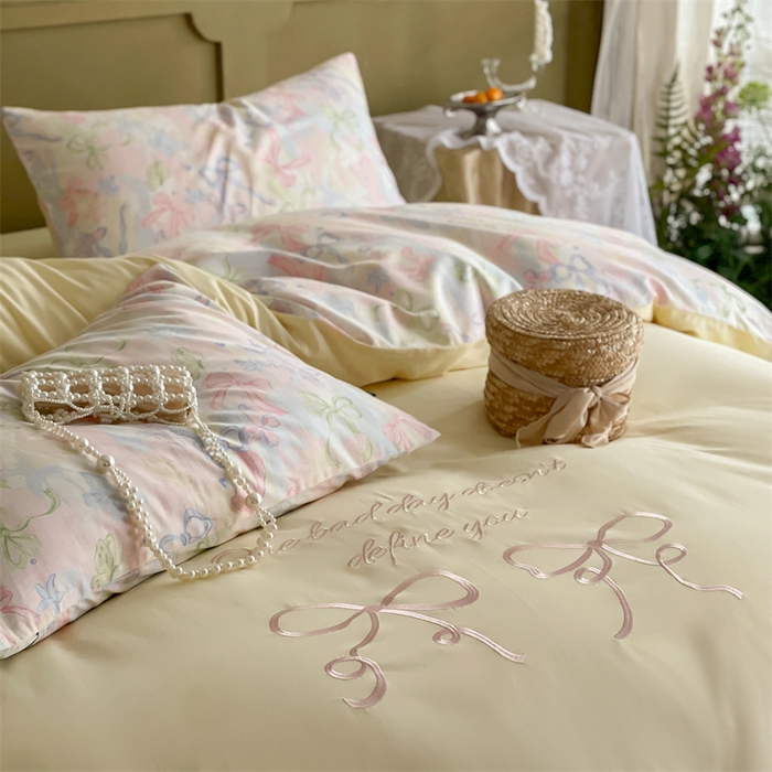 91家纺网 家纺一手货源 找家纺 圆岛家纺 2024新款全棉印花蝴蝶结刺绣四件套 蝴蝶结黄