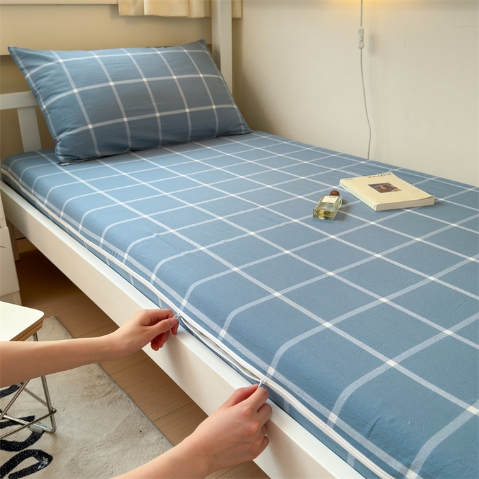 91家纺网 家纺一手货源 找家纺 北欧良品 2024新款学生季A类全棉水洗棉单品床套床垫套 海蓝大格