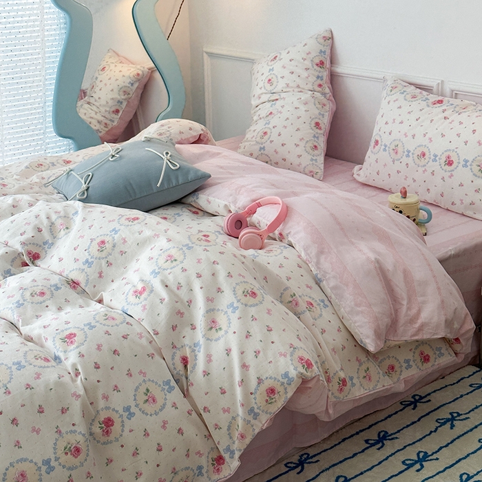 91家纺网 家纺一手货源 找家纺 2024新款13070跑量款全棉四件套--花卉系列 圈圈碎花玫瑰