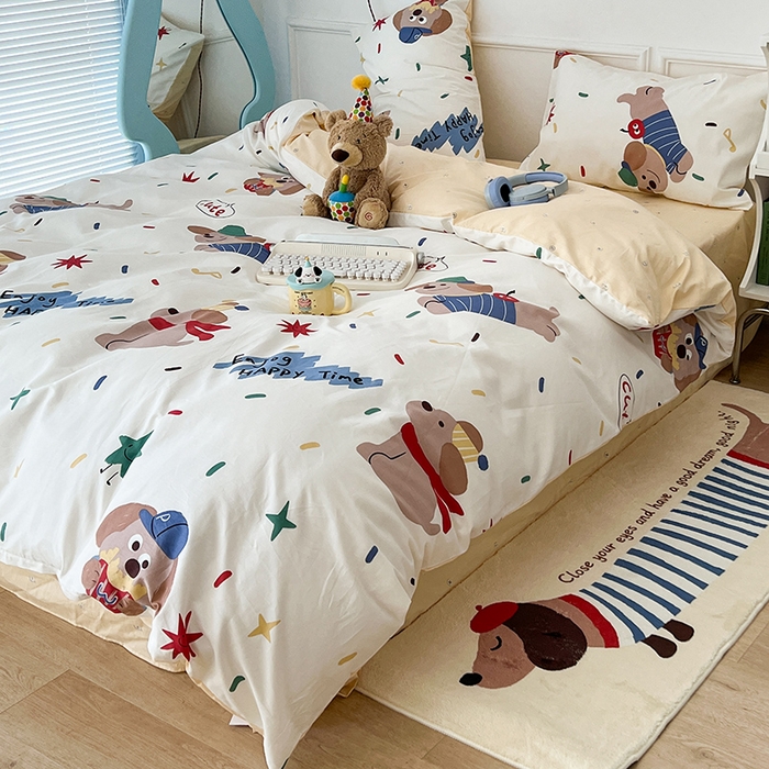 91家纺网 家纺一手货源 找家纺 2024新款13070跑量款全棉四件套--卡通系列 烟花小狗