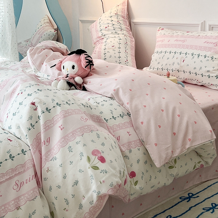 91家纺网 家纺一手货源 找家纺 2024新款13070跑量款全棉四件套--小清新系列 粉粉樱桃兔