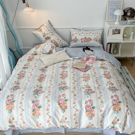 2024新款13070跑量款全棉四件套--花卉系列 竖条蔷薇花