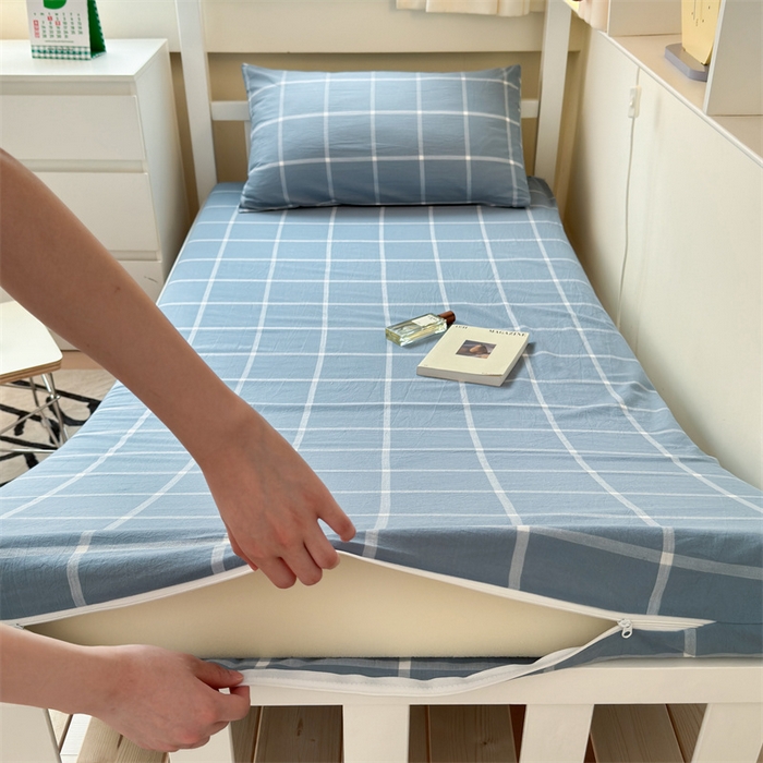 91家纺网 家纺一手货源 找家纺 北欧良品 2024新款学生季A类全棉水洗棉单品床套床垫套 海蓝大格
