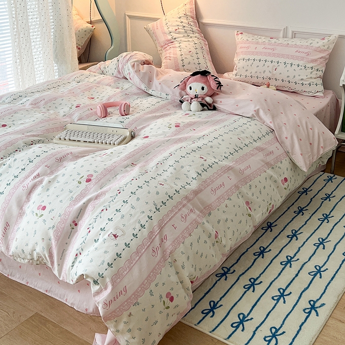 91家纺网 家纺一手货源 找家纺 2024新款13070跑量款全棉四件套--小清新系列 粉粉樱桃兔