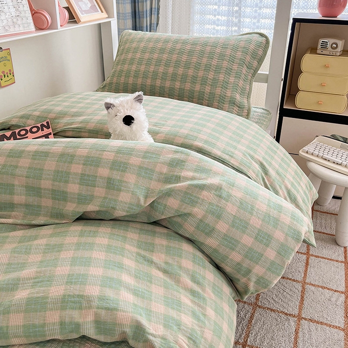 91家纺网 家纺一手货源 找家纺 沐纯家居 2024新款开学季（A类全棉水洗棉，棉加绒）床盖三件套  田园绿