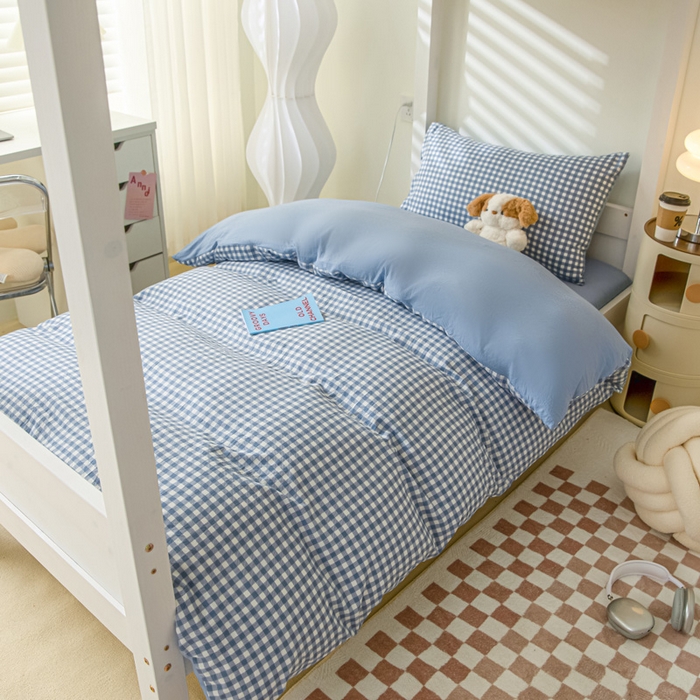 91家纺网 家纺一手货源 找家纺 2024新款水洗棉无印格子学生三件套（床笠床套款） G-小格-蓝+海青