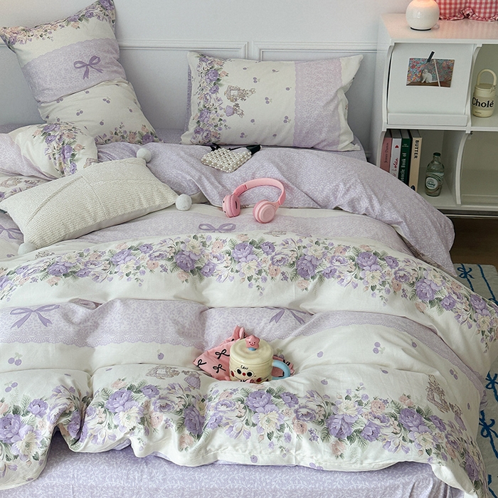 91家纺网 家纺一手货源 找家纺 2024新款13070跑量款全棉四件套--小清新系列 梦境樱桃兔 紫