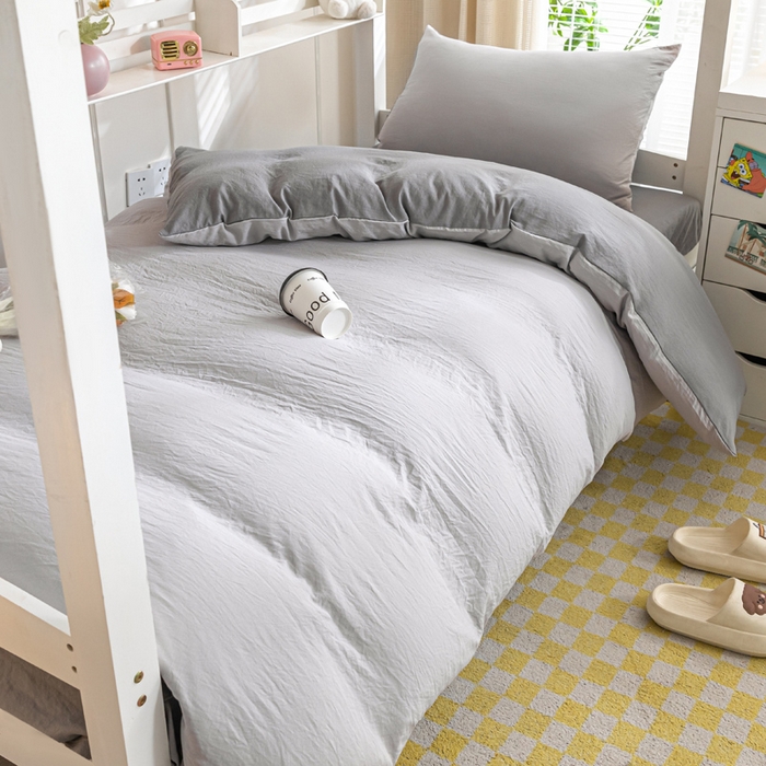 91家纺网 家纺一手货源 找家纺 2024新款纯色双拼水洗棉学生三件套（床笠床套款） 纯色-山灰+中灰