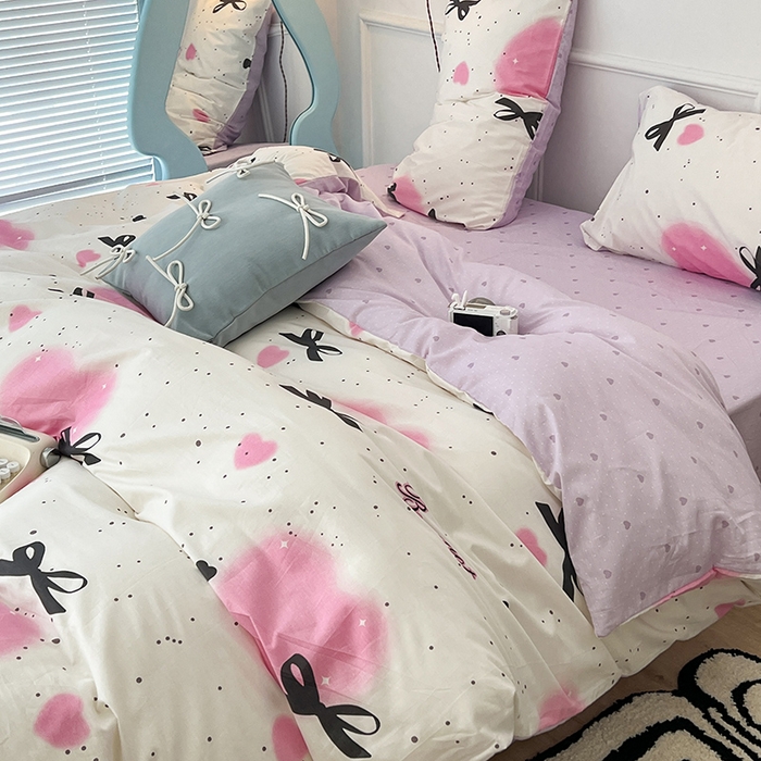 91家纺网 家纺一手货源 找家纺 2024新款13070跑量款全棉四件套--小清新系列 泼墨爱心蝴蝶结
