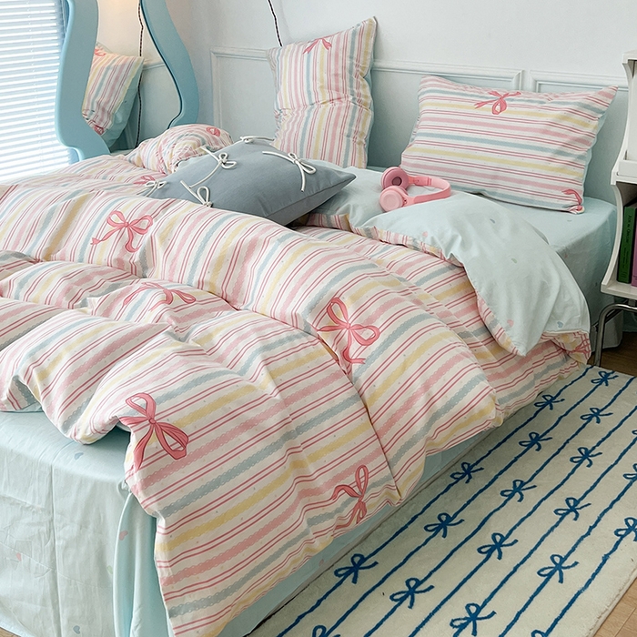91家纺网 家纺一手货源 找家纺 2024新款13070跑量款全棉四件套--小清新系列 彩条芭蕾蝴蝶结
