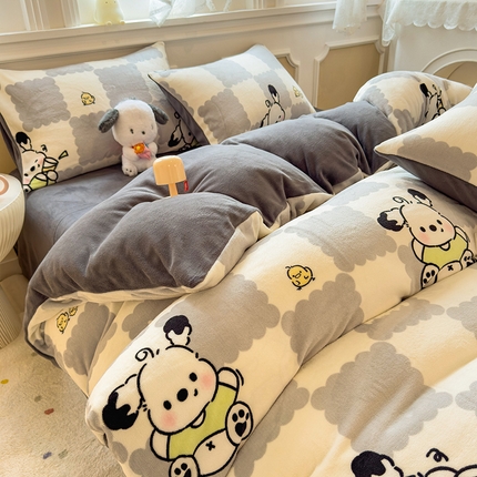 摩妮卡 2025新款小清新牛奶绒印花四件套床单款床笠单被套-场景1 格子狗