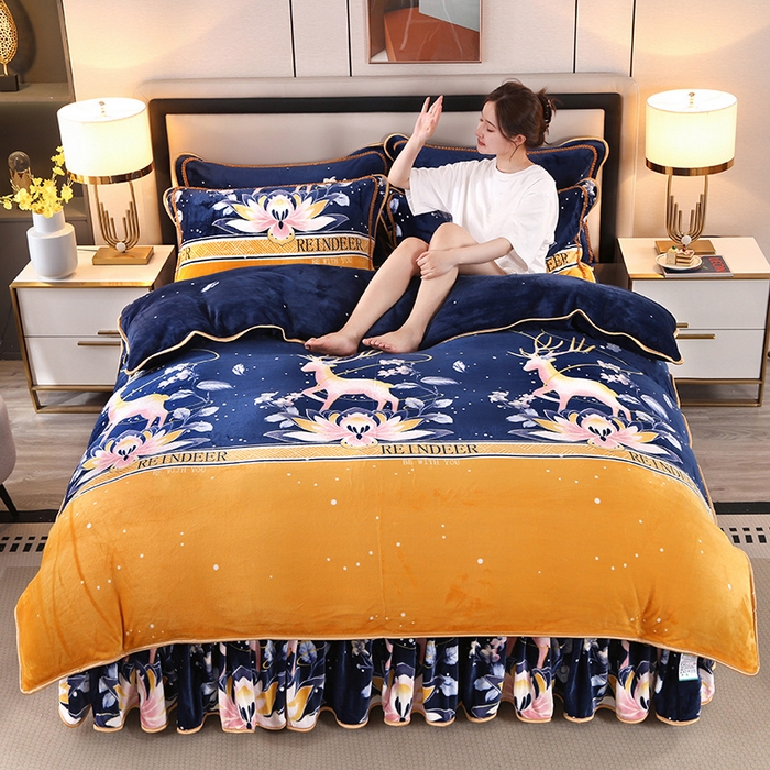 91家纺网 家纺一手货源 找家纺 望淮 2025新款230g印花金貂绒牛奶绒四件套 梦幻小鹿