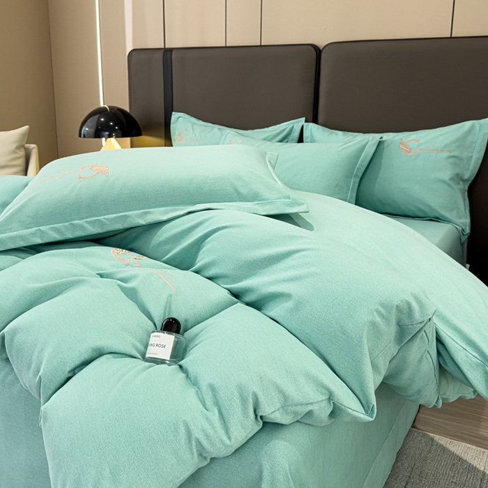 91家纺网 家纺一手货源 找家纺 U品汇 2024新品生态加厚长绒棉纯棉绣花全棉磨毛刺绣四件套直播 飞羽-清新绿