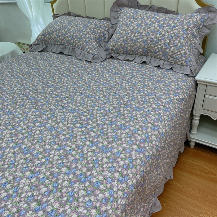 91家纺网 家纺一手货源 找家纺 暖居 2024新款A类双层纱全棉床盖三件套防滑不跑床绗缝加厚纯棉床单 紫霞