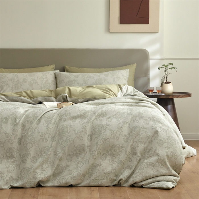 91家纺网 家纺一手货源 找家纺 慕色家纺 2024新款A类全棉色织提花四件套系列 盛芙-木果绿