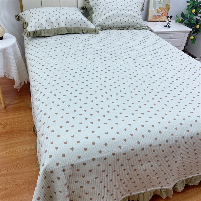 91家纺网 家纺一手货源 找家纺 暖居 2024新款A类双层纱全棉床盖三件套防滑不跑床绗缝加厚纯棉床单 爱心芥末