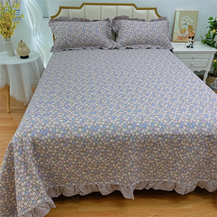 91家纺网 家纺一手货源 找家纺 暖居 2024新款A类双层纱全棉床盖三件套防滑不跑床绗缝加厚纯棉床单 紫霞