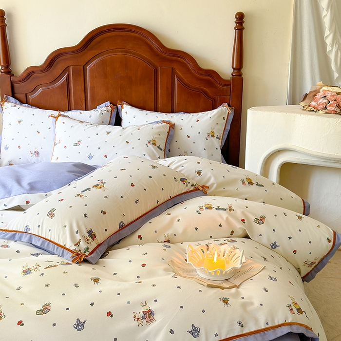 91家纺网 家纺一手货源 找家纺 丫丫家纺 2024小红书直播热款韩版全棉磨毛四件套秋冬加厚保暖全棉四件套美式复古蝴蝶结小清新床单床笠款四件套 南瓜兔