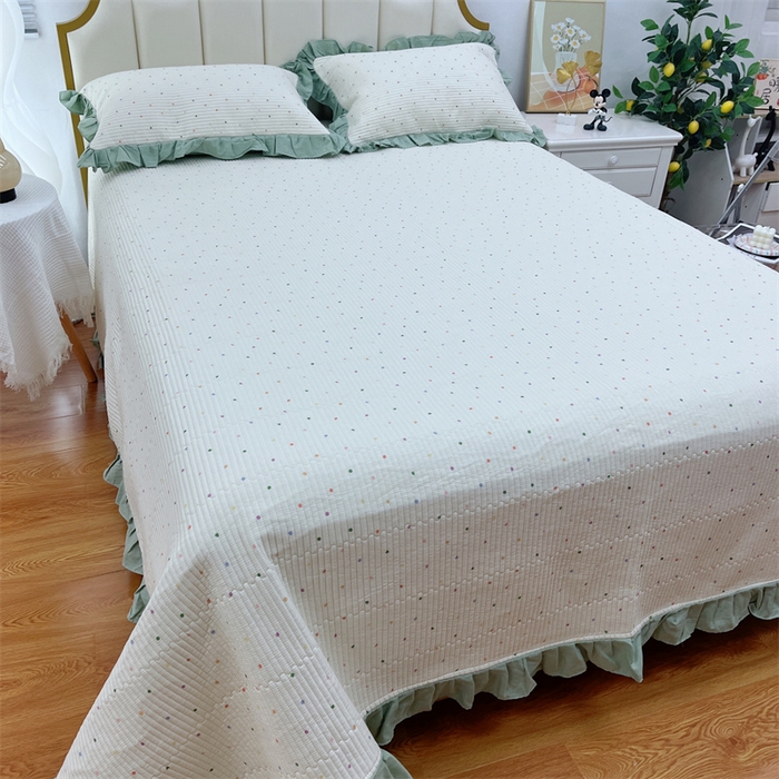 91家纺网 家纺一手货源 找家纺 暖居 2024新款A类双层纱全棉床盖三件套防滑不跑床绗缝加厚纯棉床单 奶油波点