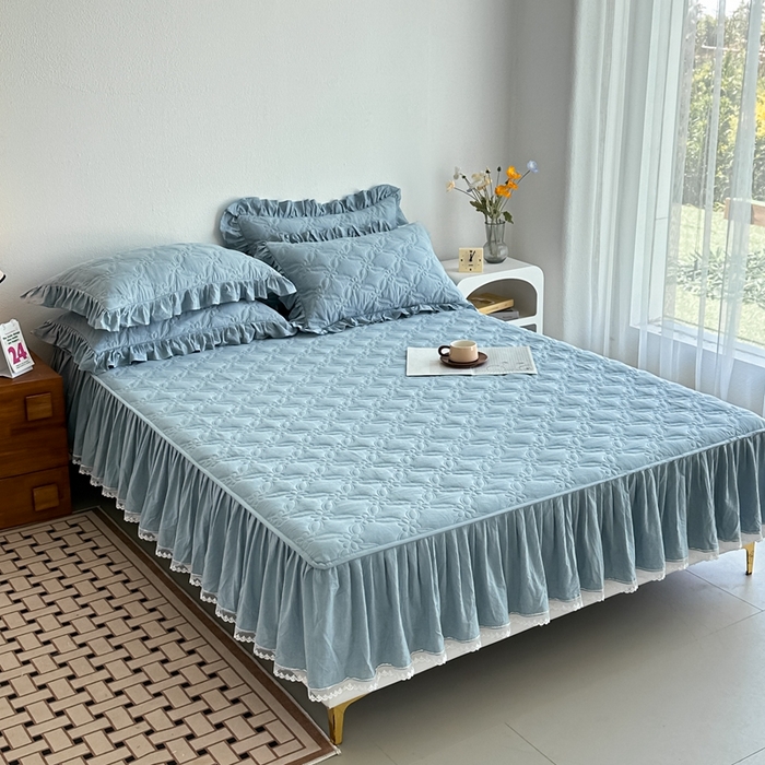 91家纺网 家纺一手货源 找家纺 忘忧草 2024新款色织水洗全棉床笠式床裙夹棉款-花颜系列 花颜-蓝