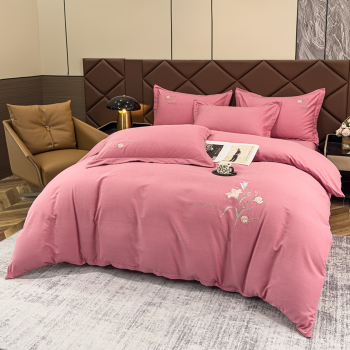 91家纺网 家纺一手货源 找家纺 U品汇 2024新品生态加厚长绒棉纯棉绣花全棉磨毛刺绣四件套直播 百合欢-香妃粉