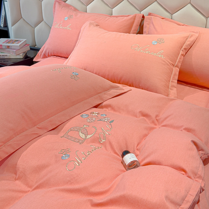 91家纺网 家纺一手货源 找家纺 U品汇 2024新品生态加厚长绒棉纯棉绣花全棉磨毛刺绣四件套直播 迪洛驰-樱花粉