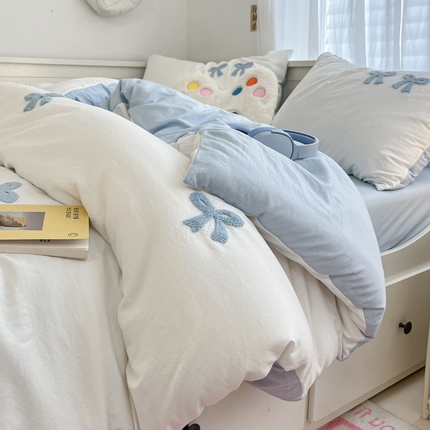 91家纺网 家纺一手货源 找家纺 （总）2024新款ins博主风爆款纯色波点蝴蝶结毛巾绣软糯糯水洗m四件套（专版花型）