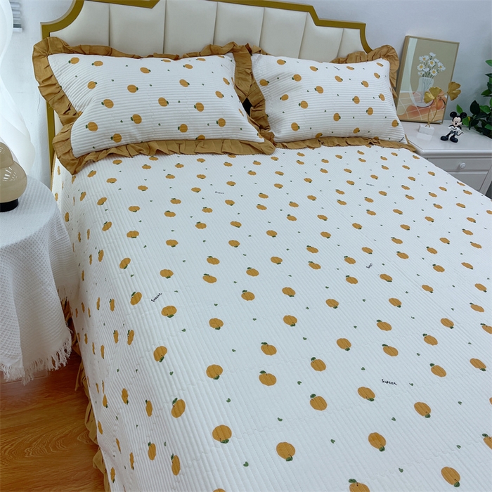 91家纺网 家纺一手货源 找家纺 暖居 2024新款A类双层纱全棉床盖三件套防滑不跑床绗缝加厚纯棉床单 橘子汽水