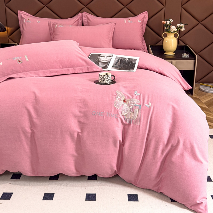 91家纺网 家纺一手货源 找家纺 U品汇 2024新品生态加厚长绒棉纯棉绣花全棉磨毛刺绣四件套直播 蝶恋花-香妃粉