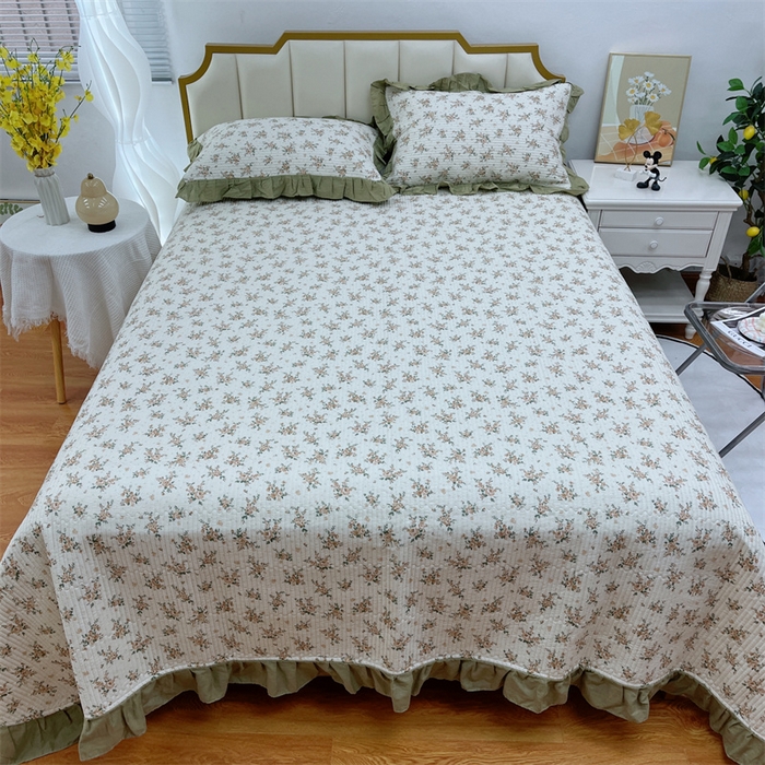 91家纺网 家纺一手货源 找家纺 暖居 2024新款A类双层纱全棉床盖三件套防滑不跑床绗缝加厚纯棉床单 花枝叶