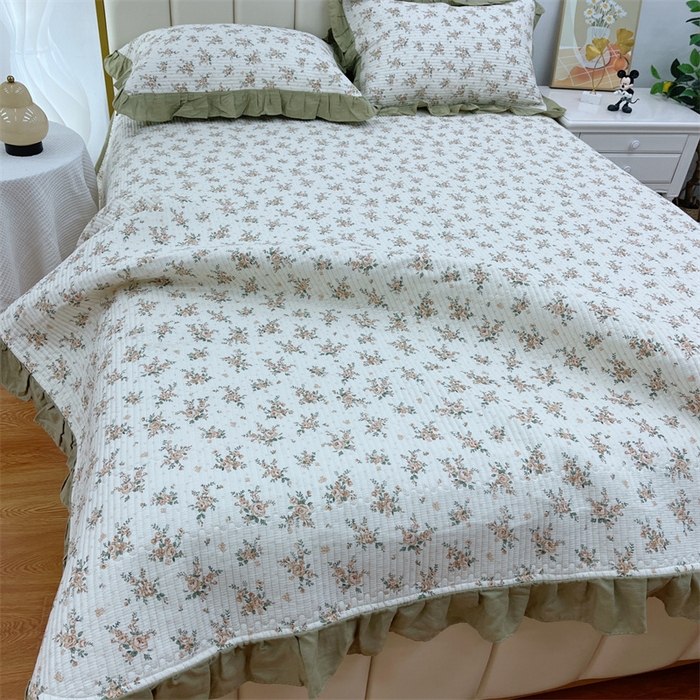 91家纺网 家纺一手货源 找家纺 暖居 2024新款A类双层纱全棉床盖三件套防滑不跑床绗缝加厚纯棉床单 花枝叶