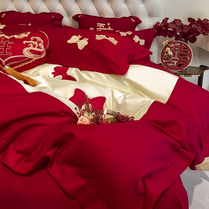 91家纺网 家纺一手货源 找家纺 玉雅家纺 2025新款60支长绒棉时尚拼色浮雕刺绣婚庆四件套 蝴蝶结-奶油黄