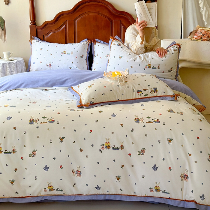 91家纺网 家纺一手货源 找家纺 丫丫家纺 2024小红书直播热款韩版全棉磨毛四件套秋冬加厚保暖全棉四件套美式复古蝴蝶结小清新床单床笠款四件套 南瓜兔