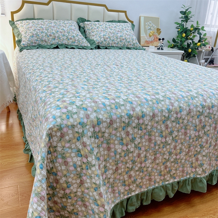 91家纺网 家纺一手货源 找家纺 暖居 2024新款A类双层纱全棉床盖三件套防滑不跑床绗缝加厚纯棉床单 青藤