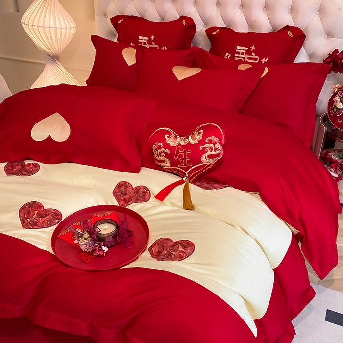 91家纺网 家纺一手货源 找家纺 玉雅家纺 2025新款60支长绒棉时尚拼色浮雕刺绣婚庆四件套 恩爱-奶油黄