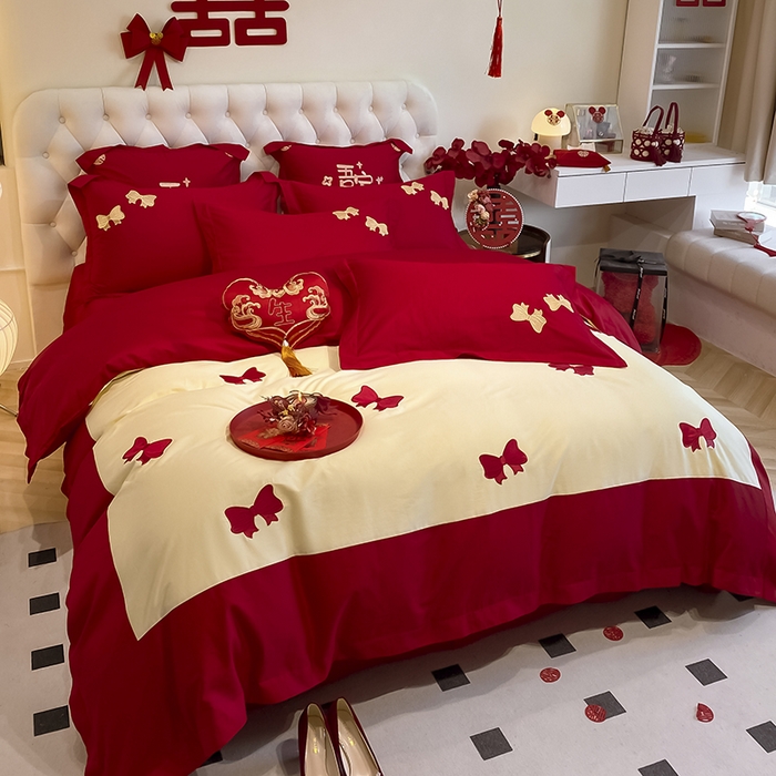 91家纺网 家纺一手货源 找家纺 玉雅家纺 2025新款60支长绒棉时尚拼色浮雕刺绣婚庆四件套 蝴蝶结-奶油黄