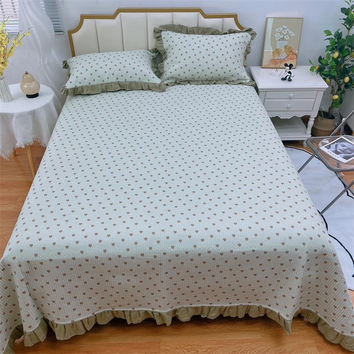 91家纺网 家纺一手货源 找家纺 暖居 2024新款A类双层纱全棉床盖三件套防滑不跑床绗缝加厚纯棉床单 爱心芥末