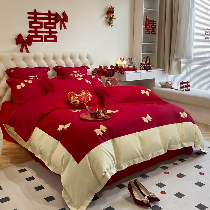 91家纺网 家纺一手货源 找家纺 玉雅家纺 2025新款60支长绒棉时尚拼色浮雕刺绣婚庆四件套 蝴蝶结-红