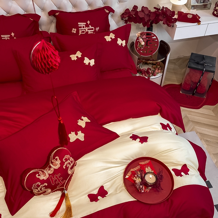 91家纺网 家纺一手货源 找家纺 玉雅家纺 2025新款60支长绒棉时尚拼色浮雕刺绣婚庆四件套 蝴蝶结-奶油黄