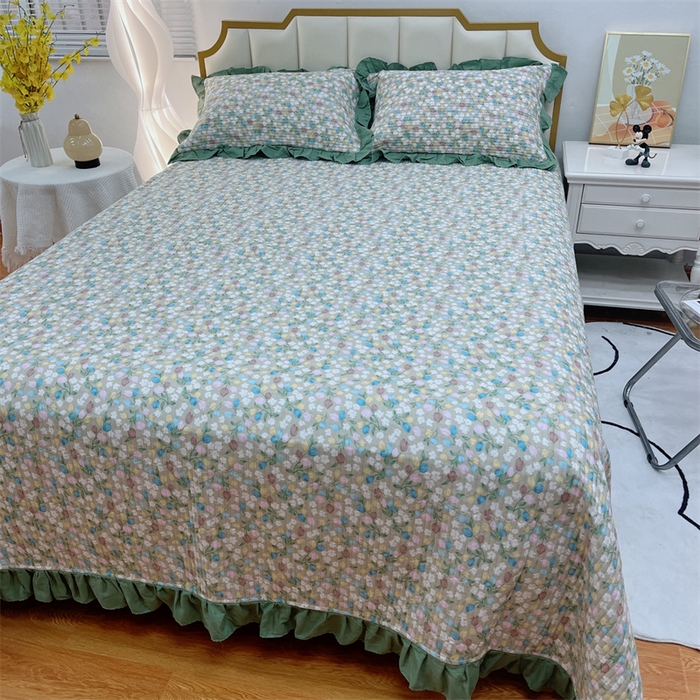 91家纺网 家纺一手货源 找家纺 暖居 2024新款A类双层纱全棉床盖三件套防滑不跑床绗缝加厚纯棉床单 青藤